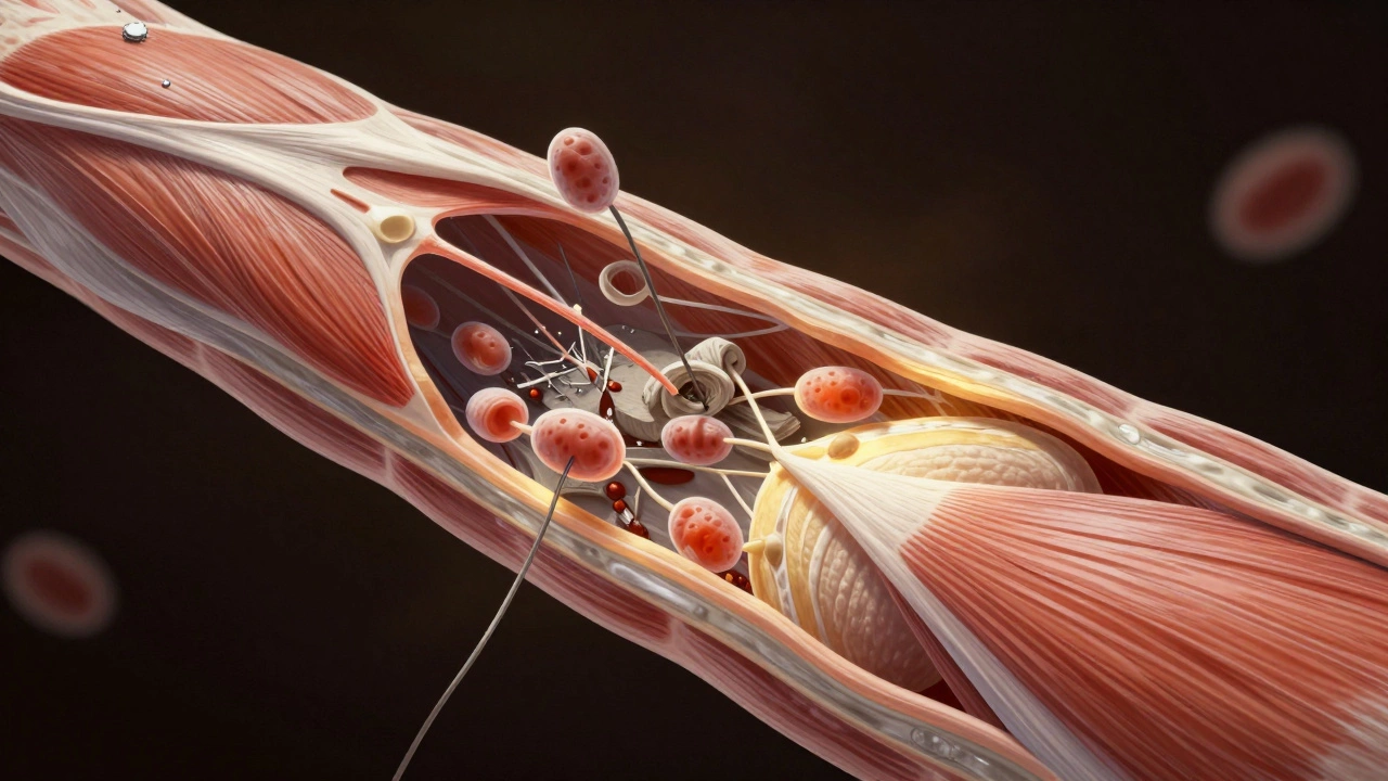 Микроскопическое изображение восстановления мышечного волокна: клетки чистят повреждение и строят новые волокна.