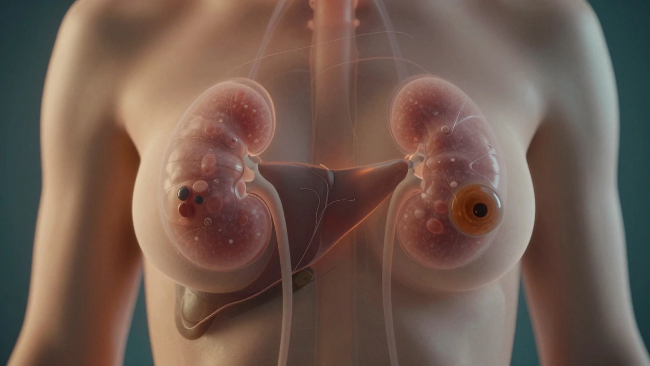 Прозрачное изображение тела с кистами в почках, печени и молочной железе