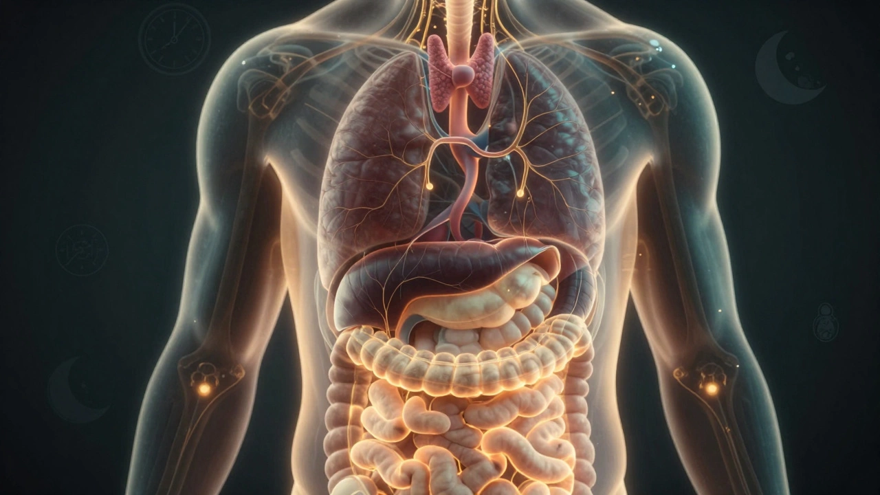 Прозрачное тело с подсвечивающими внутренними органами, соединёнными золотыми путями.