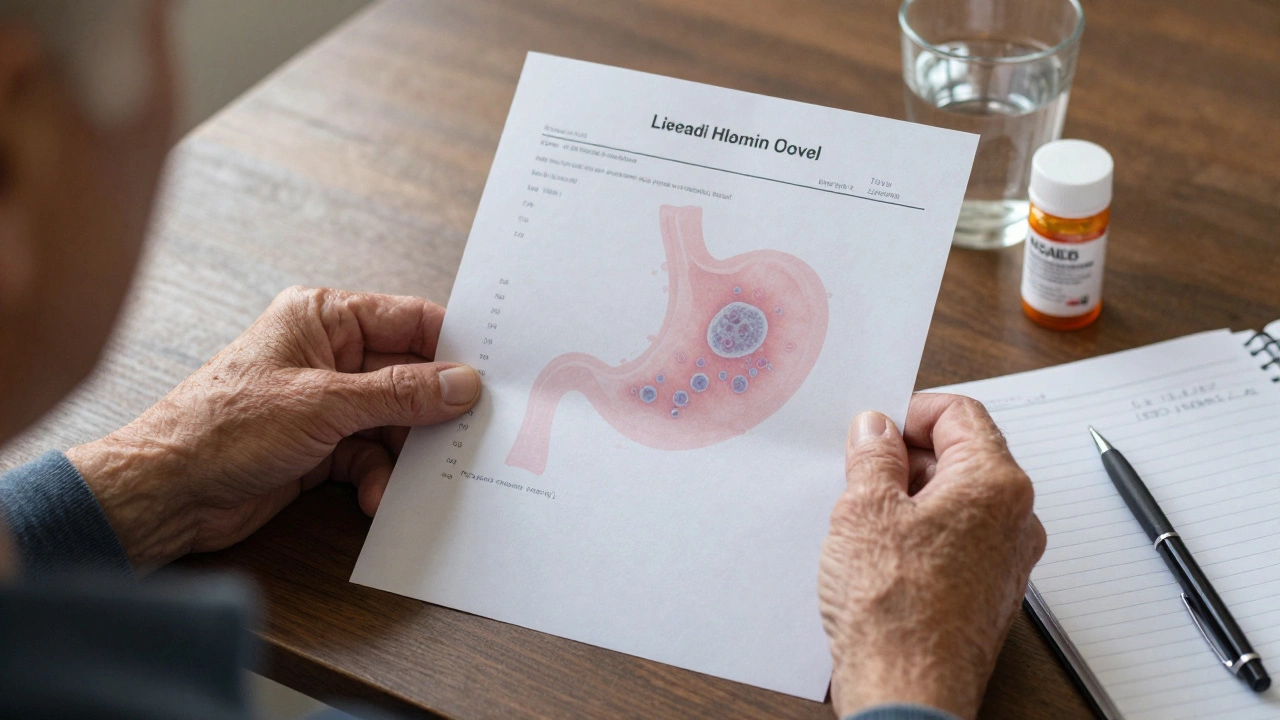 Рука с результатом анализа крови и признаками проблем с желудком на фоне