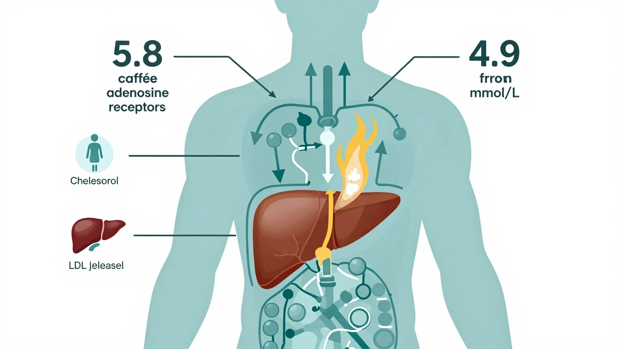 Схема внутри тела: кофеин блокирует рецепторы, вызывая выброс глюкозы и холестерина.