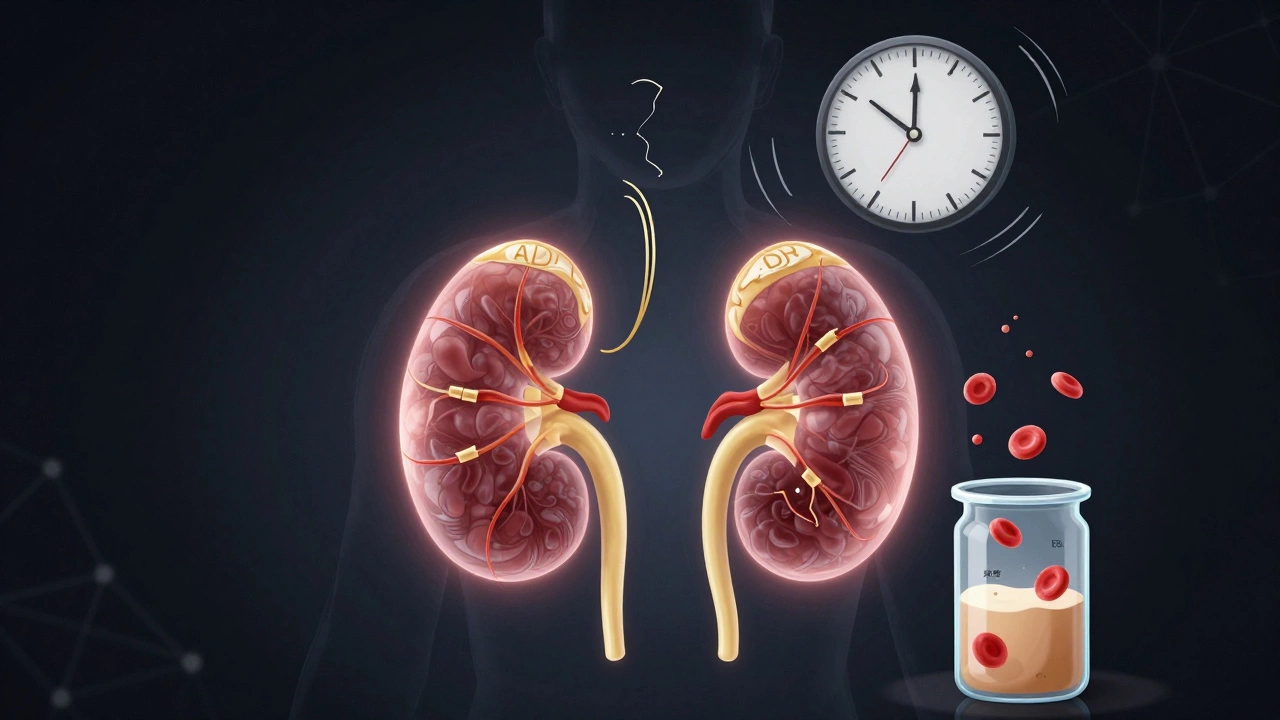 Схематичное изображение почки с хаотичными гормональными потоками, вызванными недосыпом.