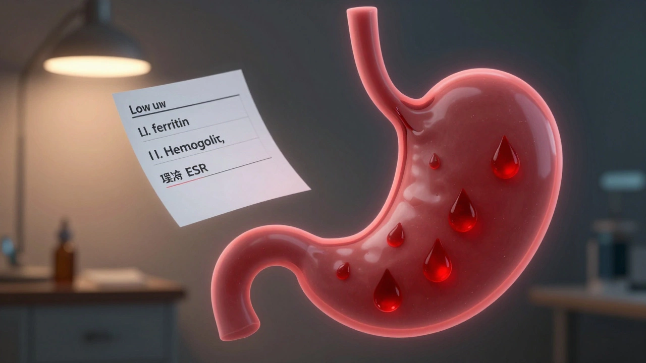 Силуэт желудка с внутренним кровотечением и анализом крови с низкими показателями