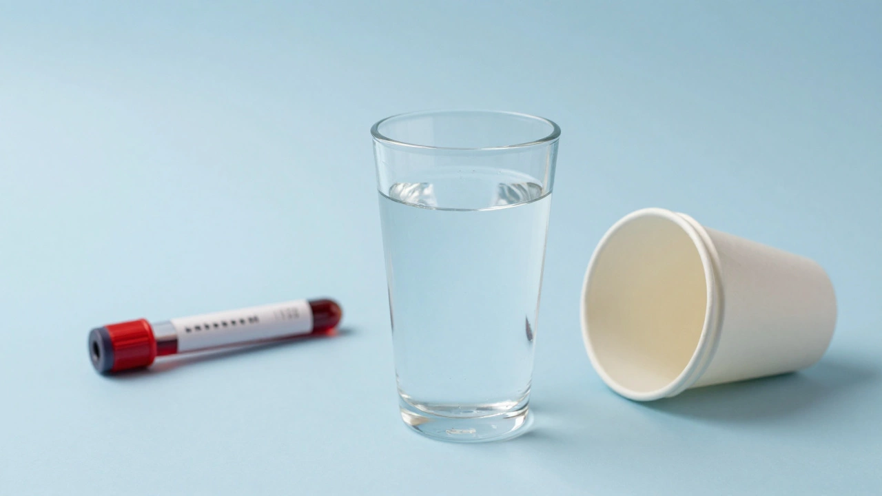 Стакан воды рядом с брошенной чашкой кофе и пробиркой с кровью.