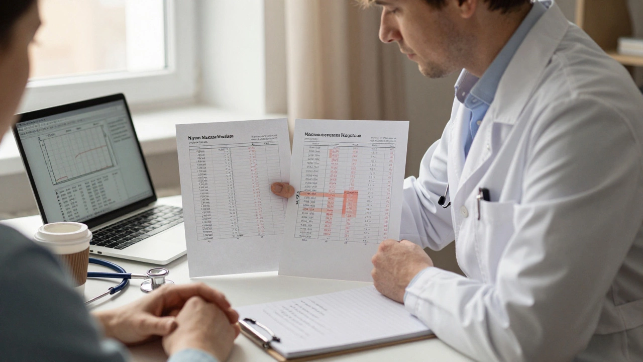 Врач сравнивает результаты анализов крови с пациентом, на столе лежат печатные листы и ноутбук.