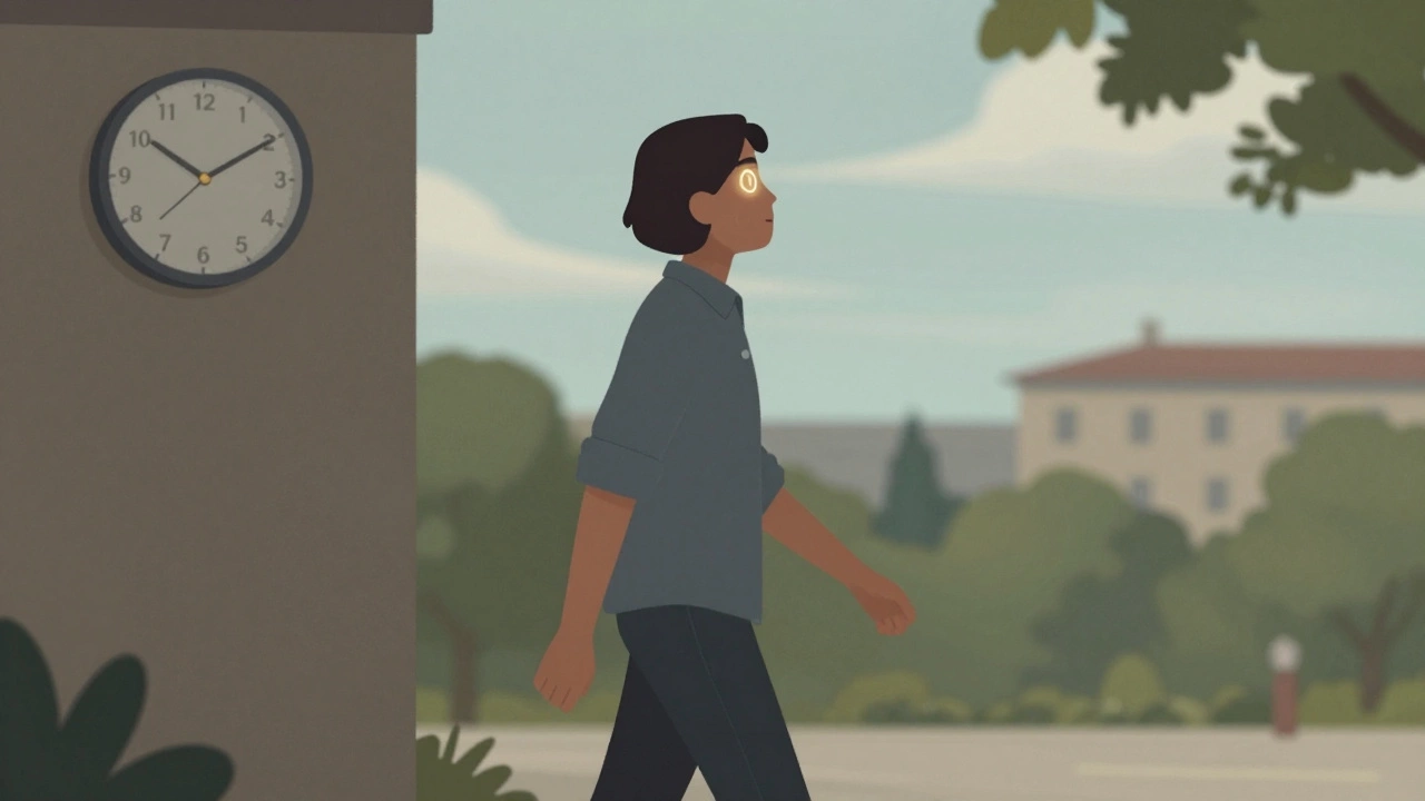 Человек гуляет на улице, смотрит вдаль, символически восстанавливая зрение после работы за экраном.