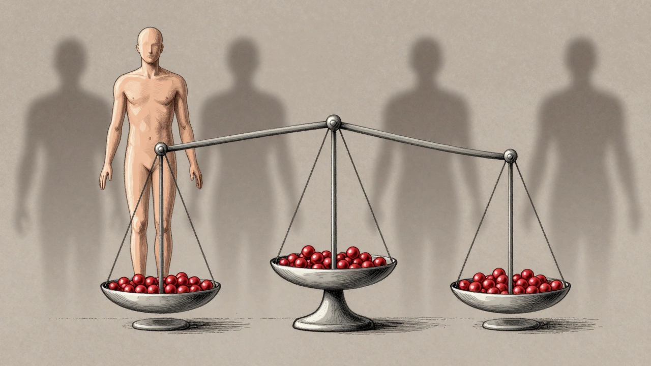 Иллюстрация с балансами, показывающими нарушения в показателях крови и тень опухоли.