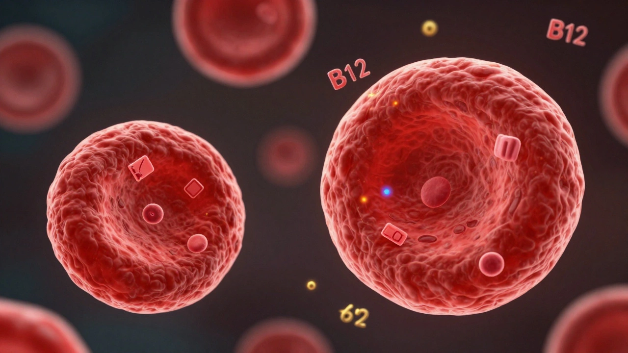 Концептуальное изображение двух эритроцитов: один с железом, другой с витаминами B12 и фолиевой кислотой.