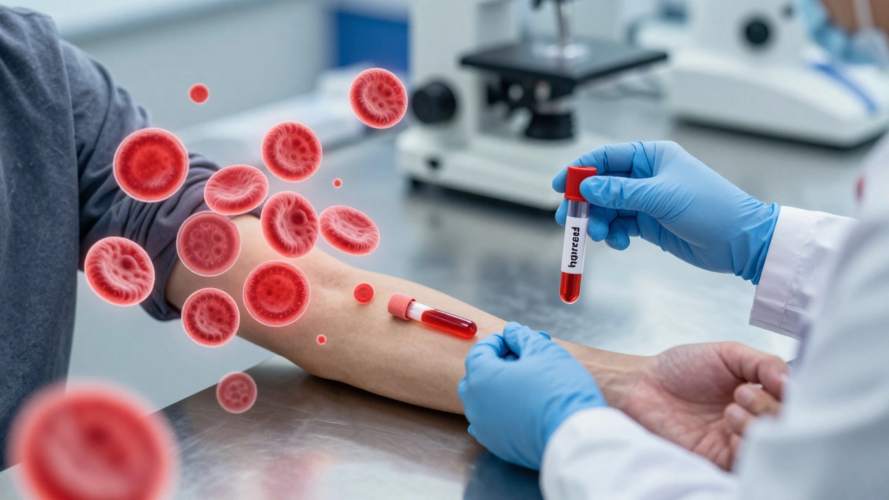 Медсестра берёт кровь в лаборатории, в пробирке видна повышенная вязкость.