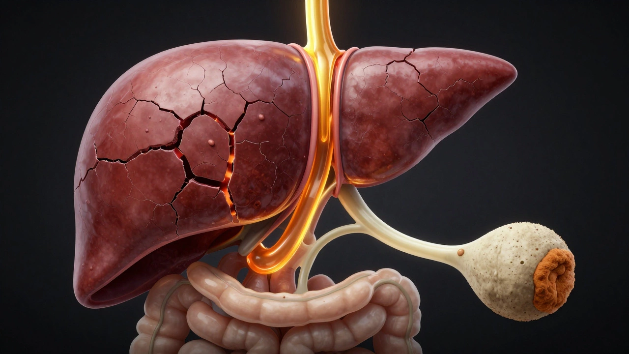 Печень с рубцовой тканью, блокирующей желчь, и аномальный стул в виде желтого потока