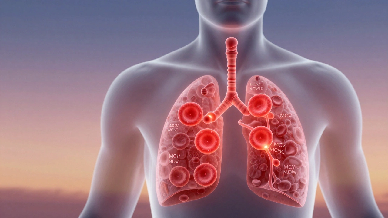 Прозрачное силуэты человека с разными по размеру эритроцитами, помеченными MCV, MCH, MCHC и RDW, переносящими кислород.
