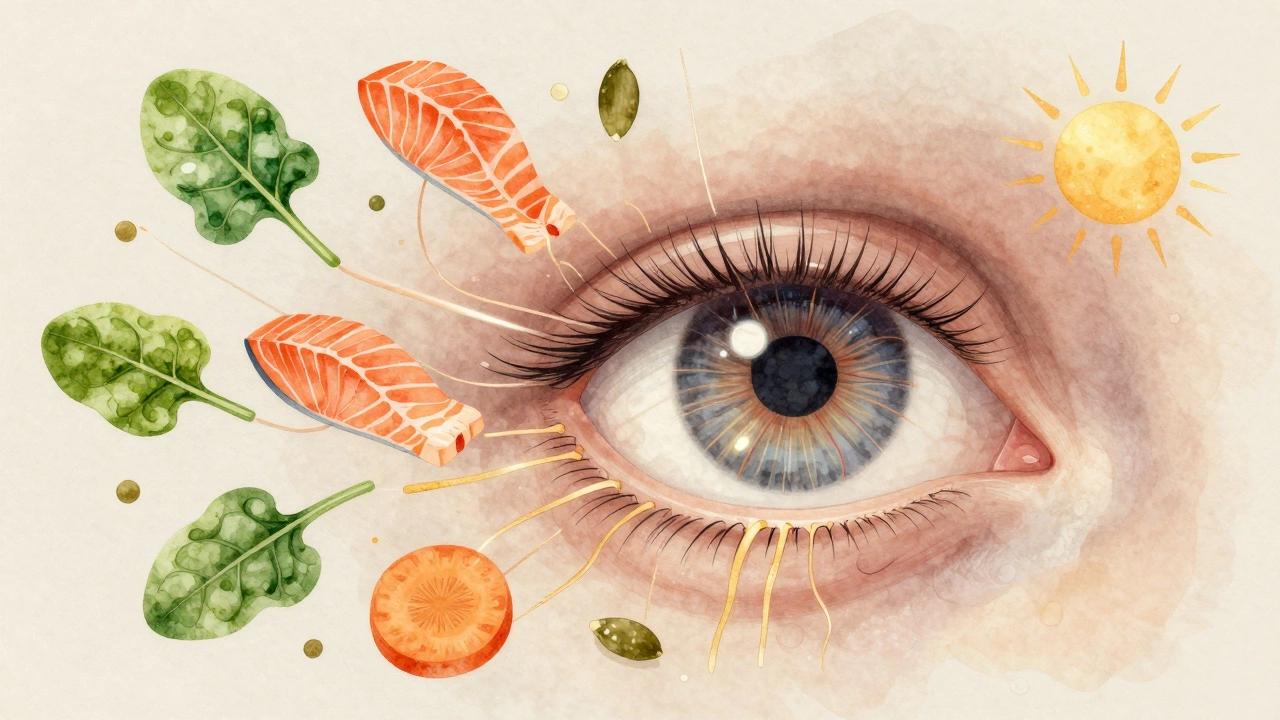 Разрез глаза с изображением питательных веществ, поддерживающих здоровье сетчатки и нервов.