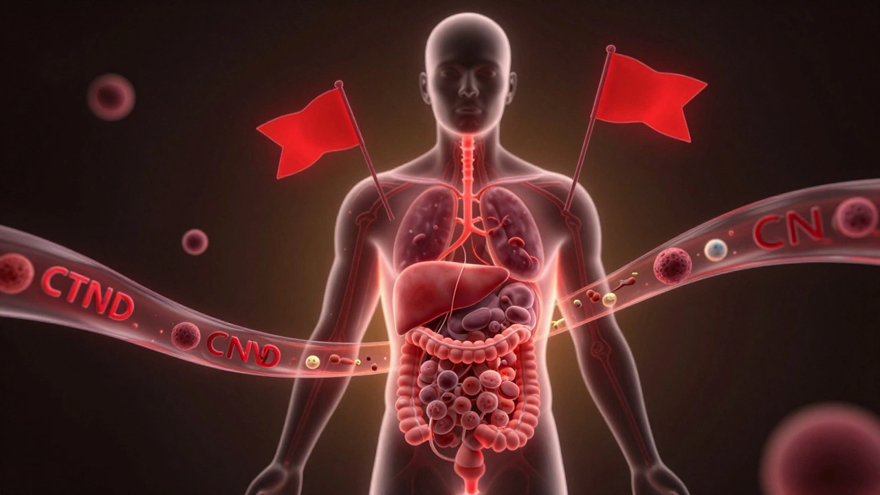 Силуэт человека с тревожными сигналами от органов, связанных с раком.