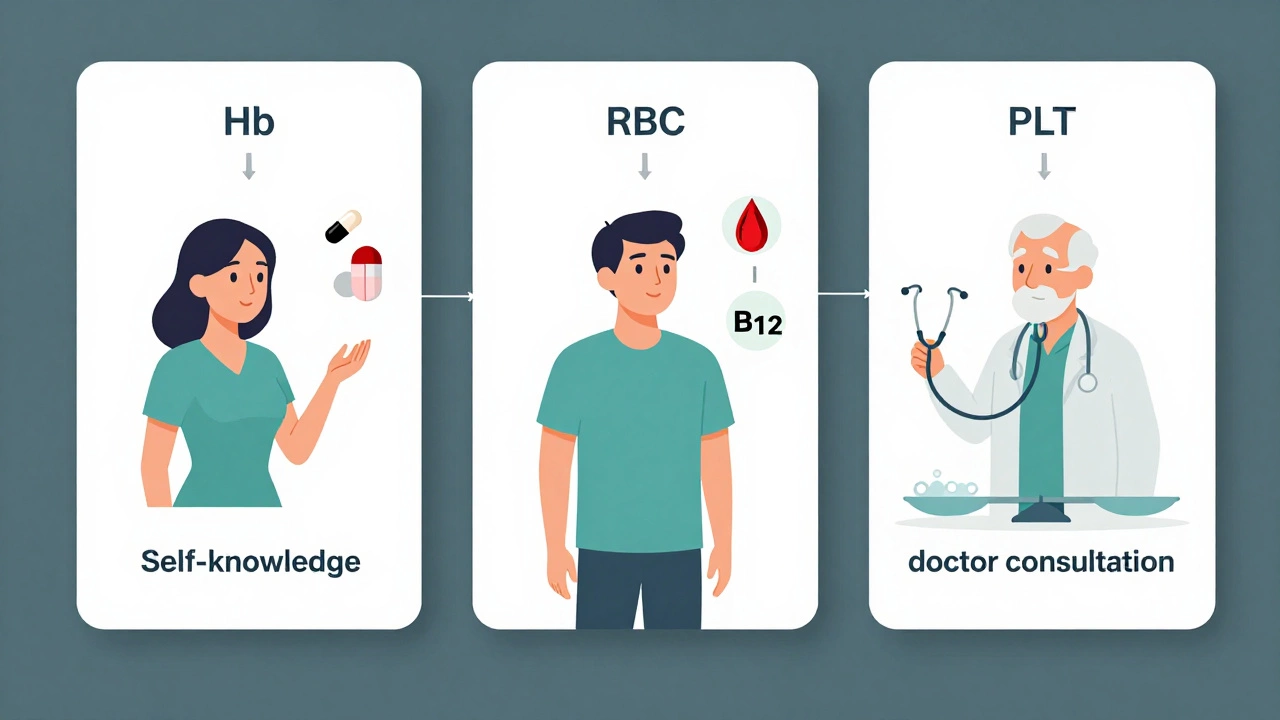 Три человека с нормальными показателями крови рядом с иконками железа, витамина B12 и стетоскопа.