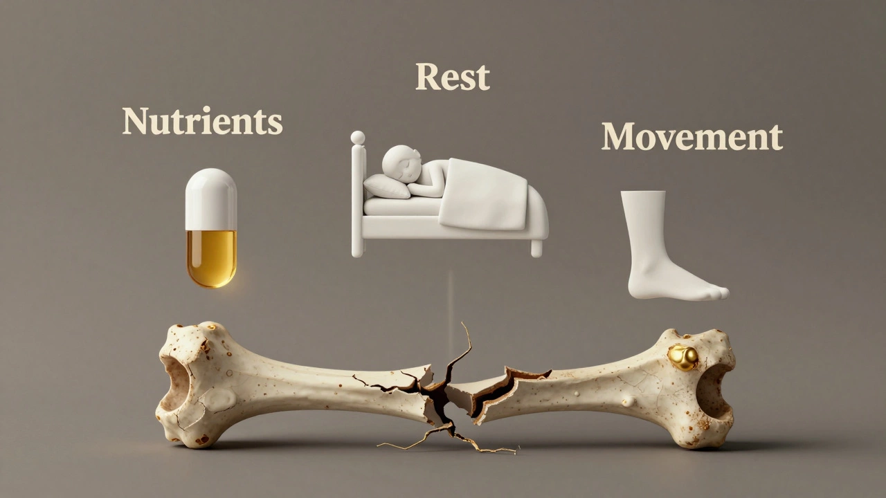 Три столпа: питание, отдых и движение — поддерживают заживление сломанной кости, символическое изображение восстановления.