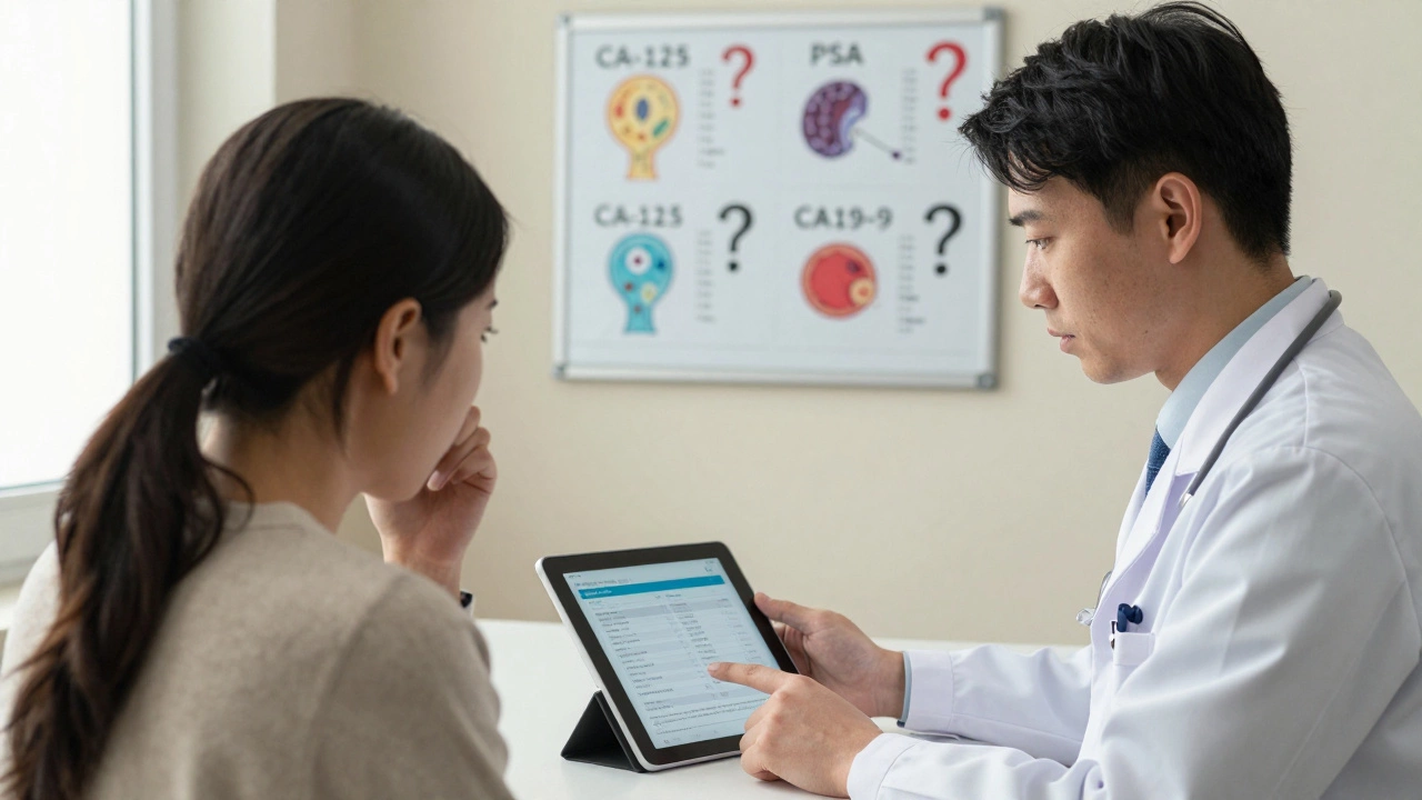 Врач объясняет результаты анализа крови пациенту в клинике.