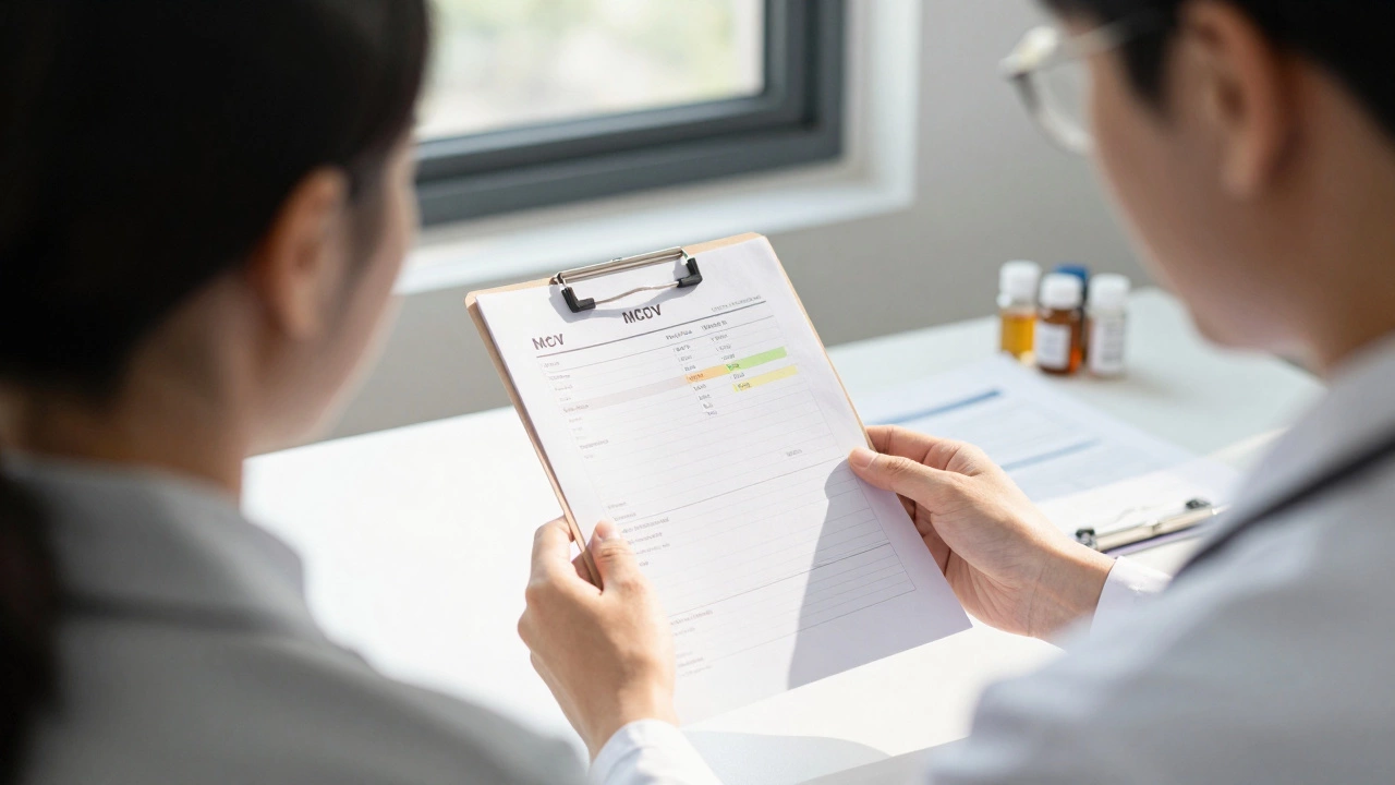 Врач показывает пациенту анализ крови с выделенными показателями MCV и MCH в клинической обстановке.