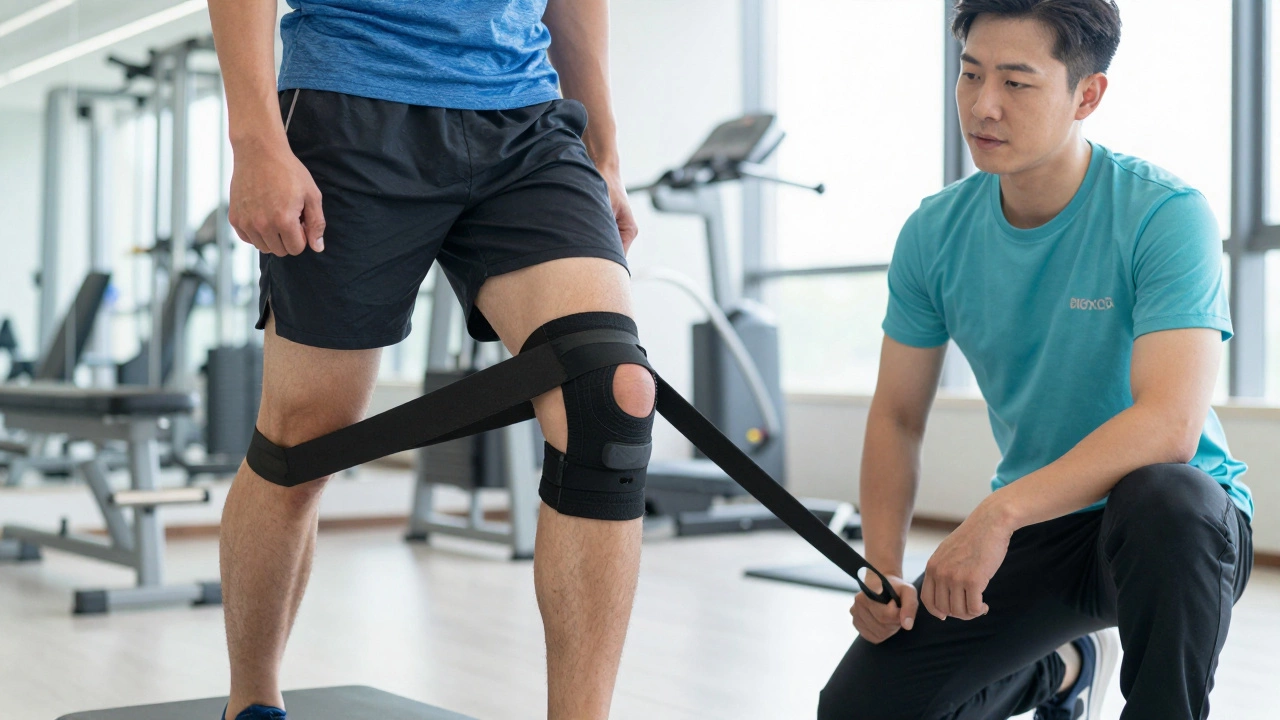 Женщина делает упражнения с резиновой лентой под наблюдением физиотерапевта