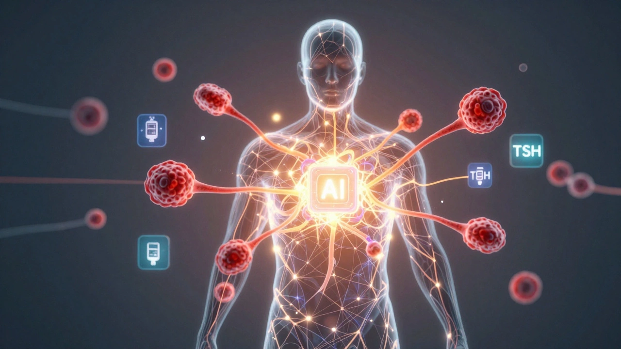 Абстрактный образ человека, внутри которого данные крови превращаются в цифровые индикаторы, управляемые искусственным интеллектом.