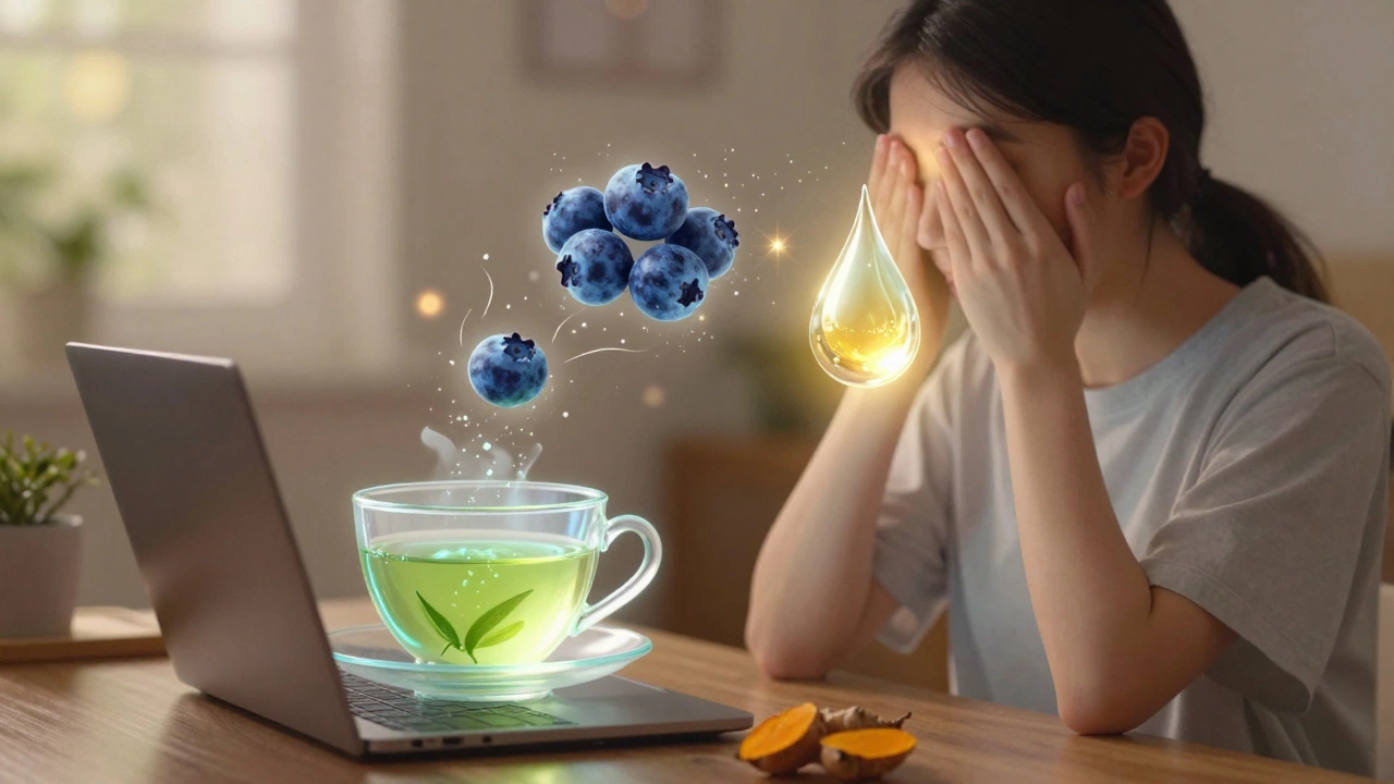 Человек за компьютером, вокруг него светящиеся антиоксиданты из зеленого чая, черники и куркумы