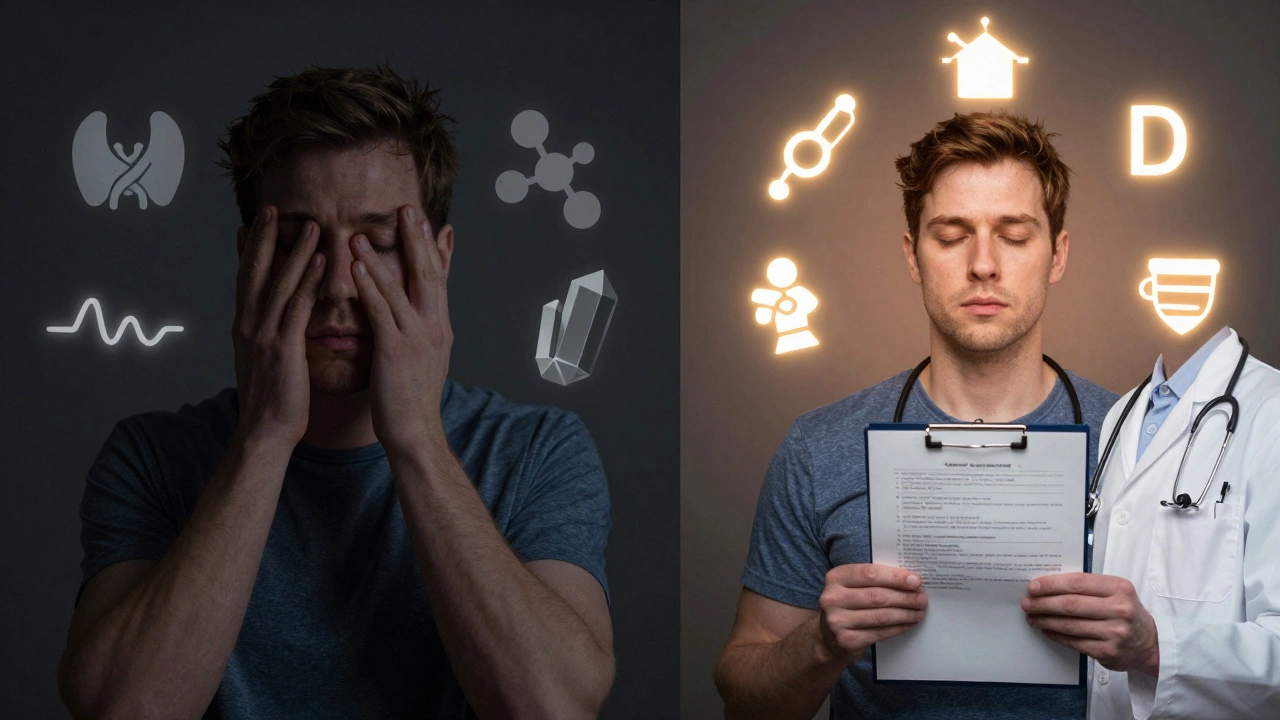 Два состояния человека: уставший с темными кругами и восстановленный с яркими биомаркерами — символизирующие нарушение и восстановление обмена веществ.