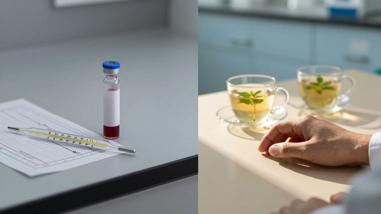 Кровяная пробирка на фоне двух разных интерьеров: холодного и тёплого, с чашкой травяного чая и расслабленной рукой.