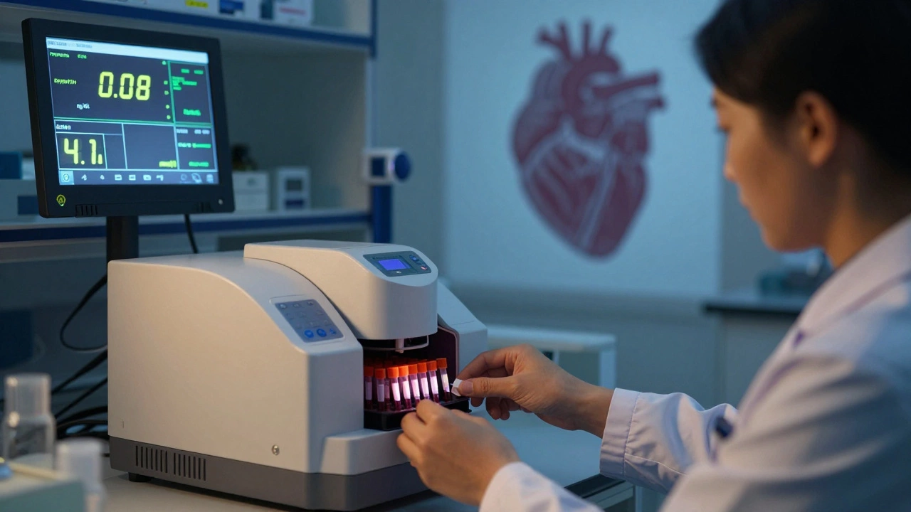 Лаборатория, где анализатор показывает повышенные уровни тропонина и лактата в крови.