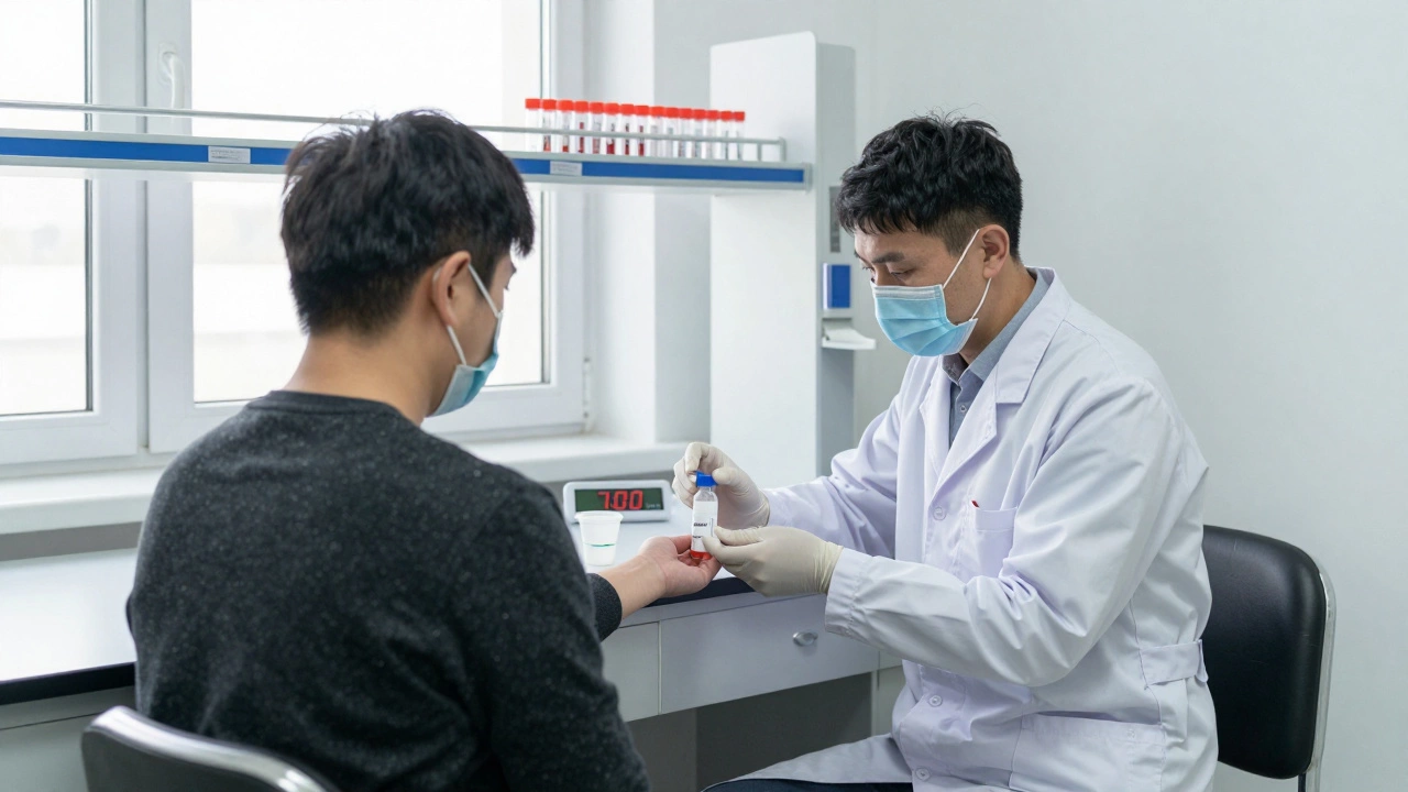 Медицинский техник берет кровь у пациента утром в лаборатории, рядом — пробирки и чашка для мочи.