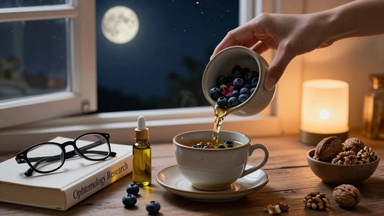 Настой черники в керамической кружке у окна ночью, очки и орехи рядом, лунный свет