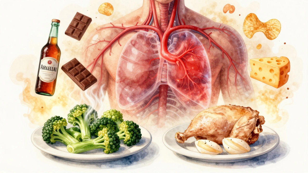 Прозрачное тело с токсичными частицами вредных продуктов вокруг и чистой едой с другой стороны.