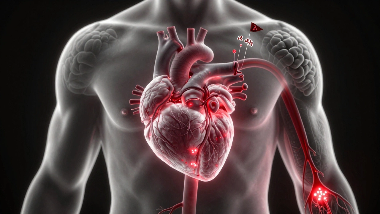 Прозрачный силуэт человека с заблокированными артериями и выделяющимся лактатом.