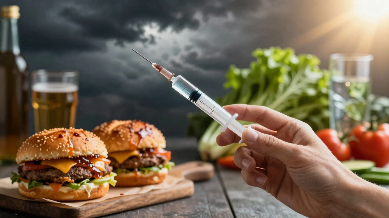Рука с шприцем на фоне разделённого мира: с одной стороны — вредная еда, с другой — здоровая пища и свет.