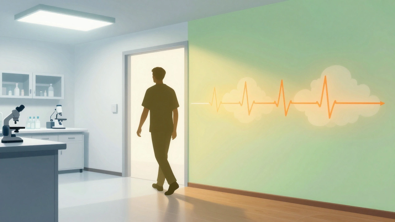 Сравнение холодной клинической обстановки и тёплой уютной лаборатории, символизирующее влияние цвета на стресс пациента.