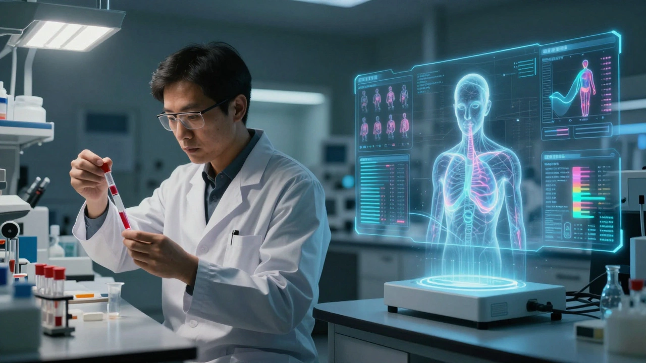 Сравнение традиционной лаборатории и умной лаборатории с интерактивными панелями данных и алгоритмами анализа истории пациента.