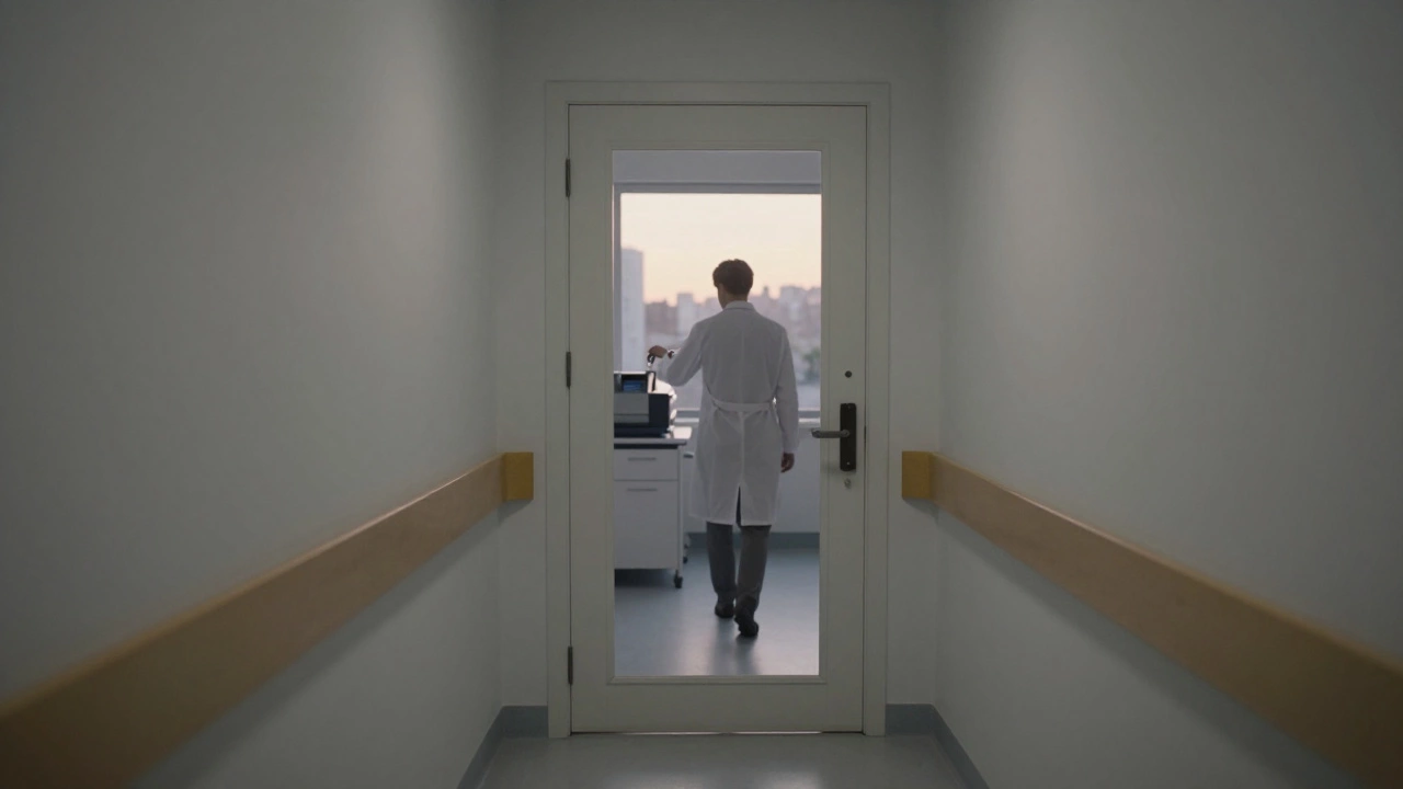 Тихий коридор в частной лаборатории утром — дверь без названия, но с признаками высокой точности.