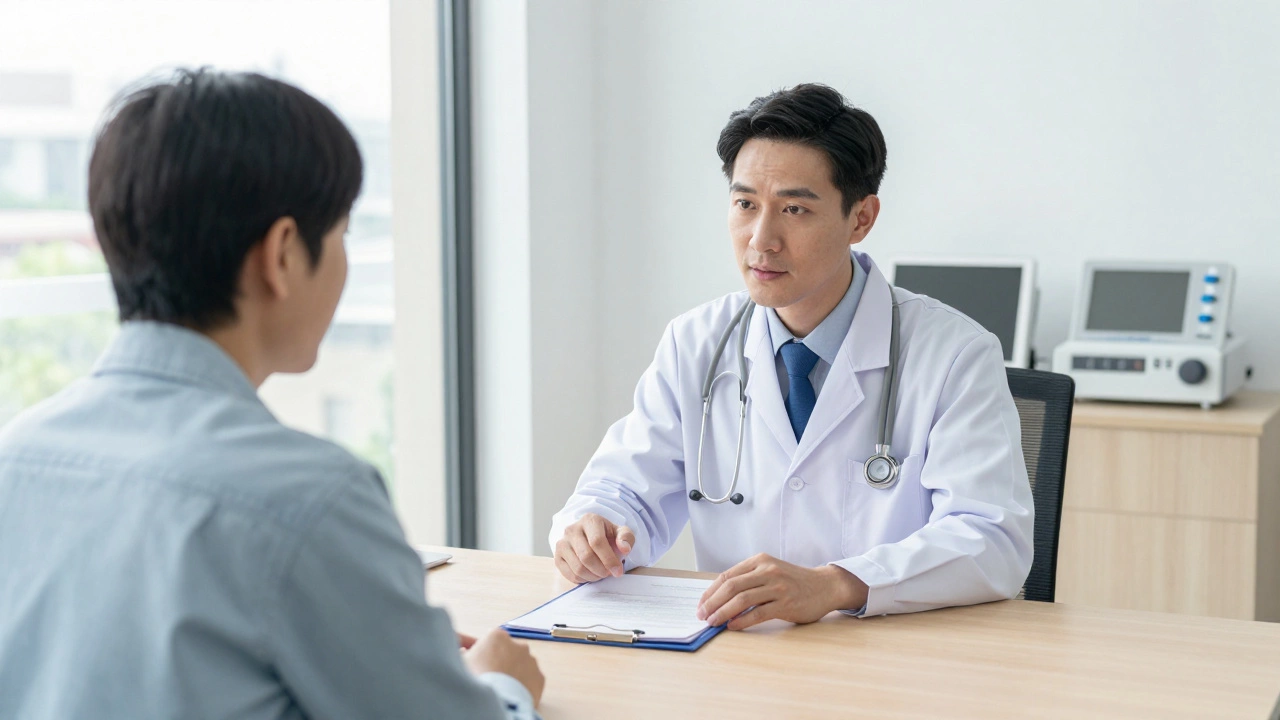 Врач обсуждает результаты анализов с пациентом в клинике