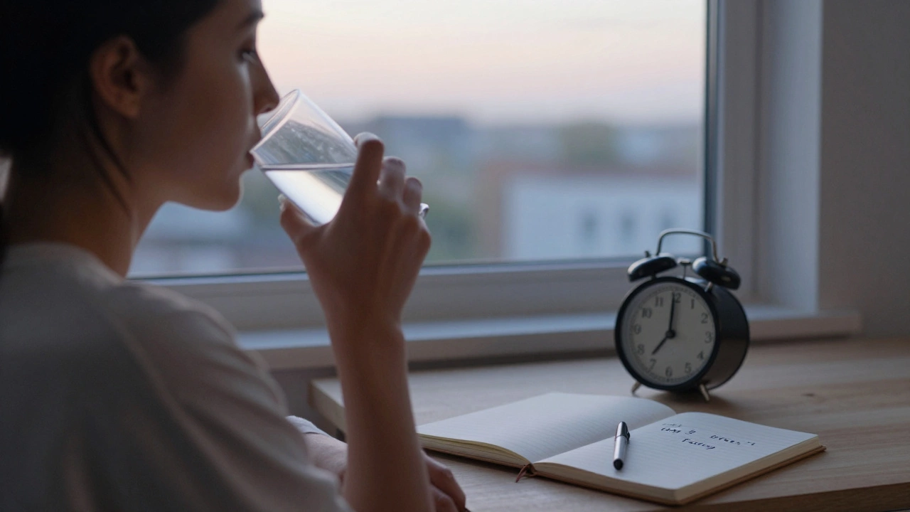 Женщина просыпается утром перед сдачей анализа крови, рядом заметна запись о 5 дне цикла.