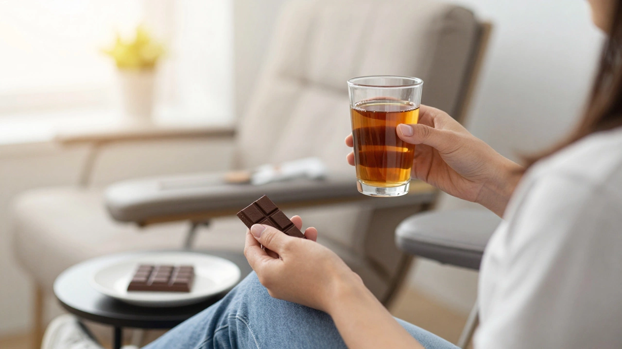 Человек восстанавливает силы с чаем и шоколадом после сдачи крови