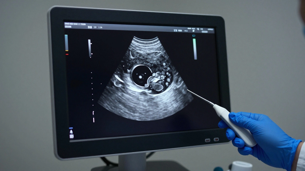 Экран аппарата УЗИ с изображением типичной кисты в виде черной полости с четкими границами