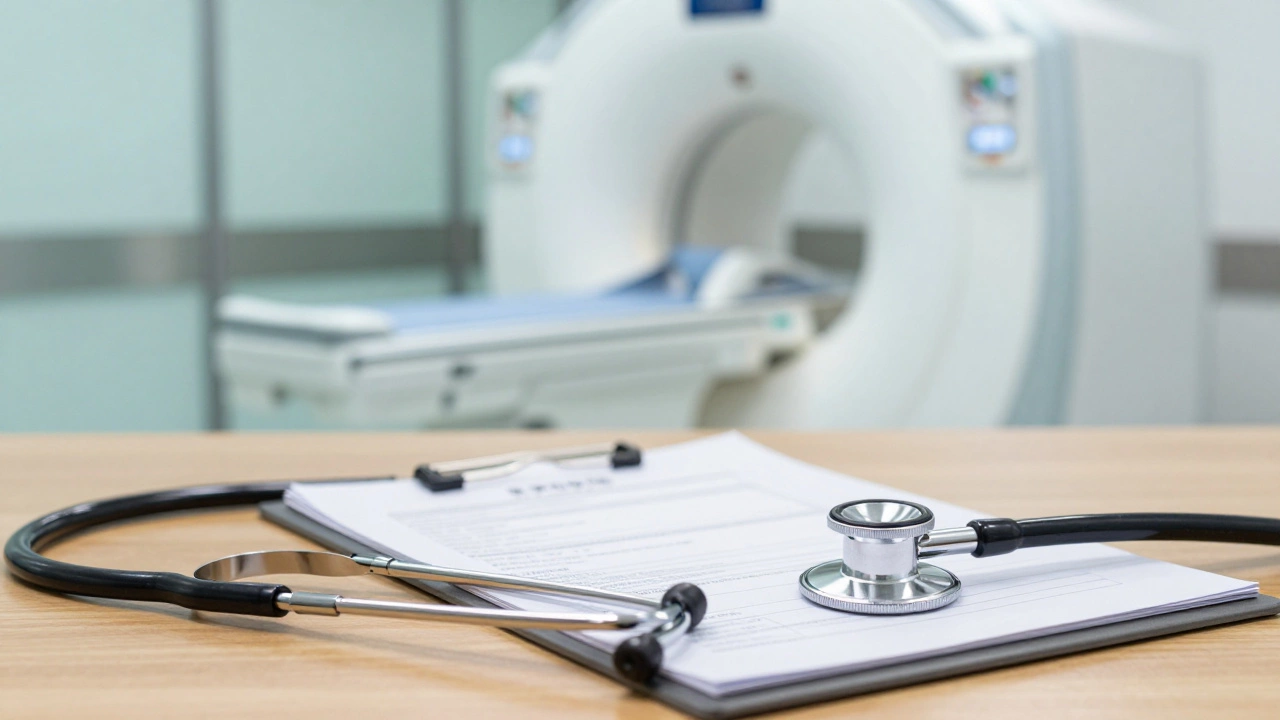 Медицинские документы и стетоскоп на фоне современного аппарата МРТ