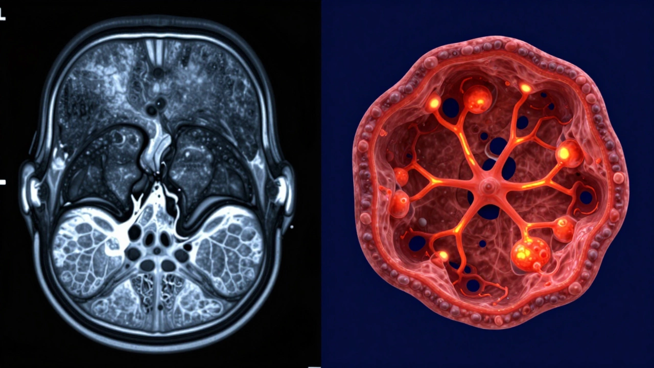 МРТ-снимок сложной кисты с выраженным кровотоком