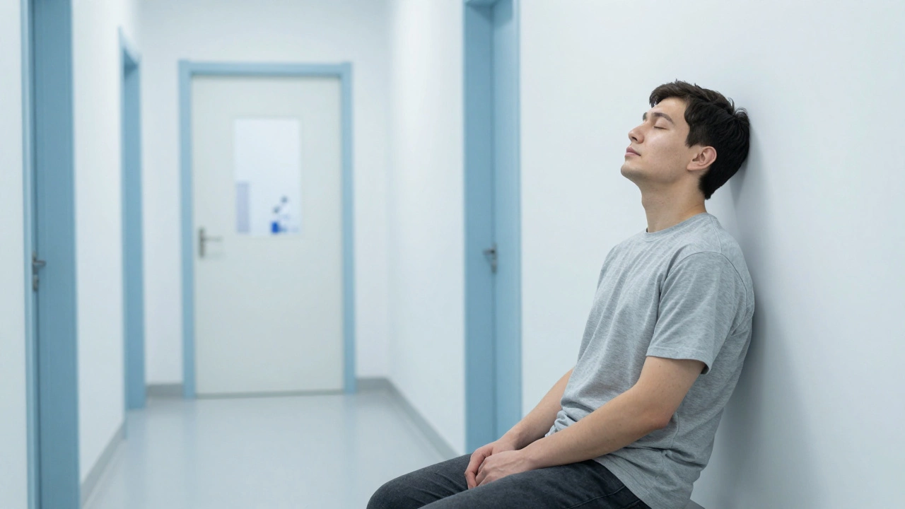 Пациент спокойно отдыхает в коридоре клиники перед сдачей анализа