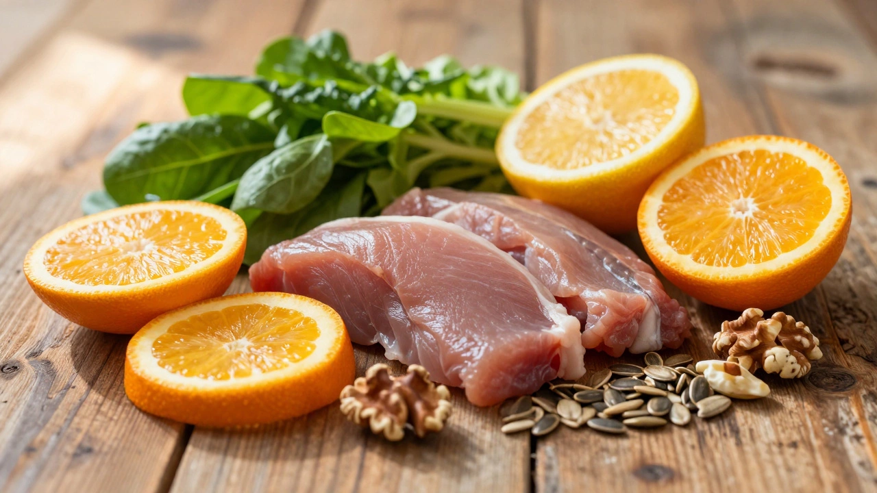 Продукты для восстановления: цитрусовые, мясо, орехи на столе